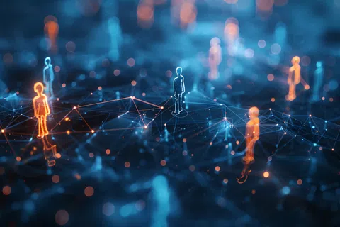Digital network of glowing human figures connected by lines and nodes in a futuristic data space.