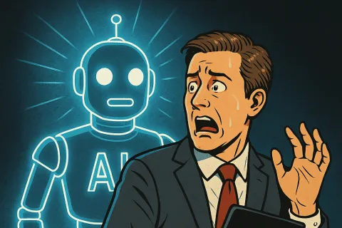 Illustration of a scared businessman sweating and holding a tablet with a glowing AI robot looming behind him.