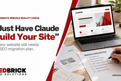 Laptop showing RedBrick website with a hand checking website rebuild plan checklist for SEO migration.
