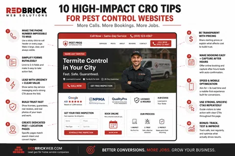 Infographic showing 10 CRO tips for pest control websites to increase calls, bookings, and conversions effectively.