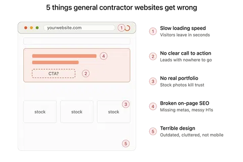 Diagram showing 5 common mistakes on general contractor websites including slow speed, no CTA, no portfolio, bad SEO, and poor design.