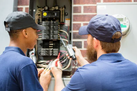 Two electricians working on an electrical panel, testing wires and connections together.