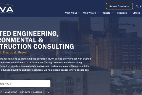 NOVA Engineering website homepage with city skyline background showcasing engineering and construction consulting services.