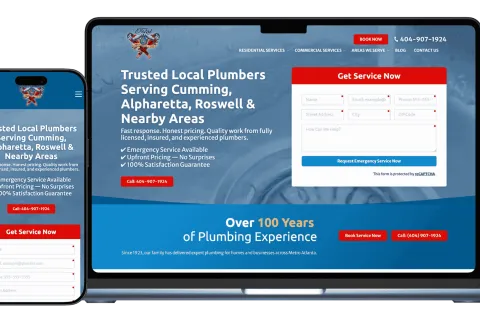 Responsive website design for trusted local plumbers serving Cumming, Alpharetta, Roswell with emergency services.