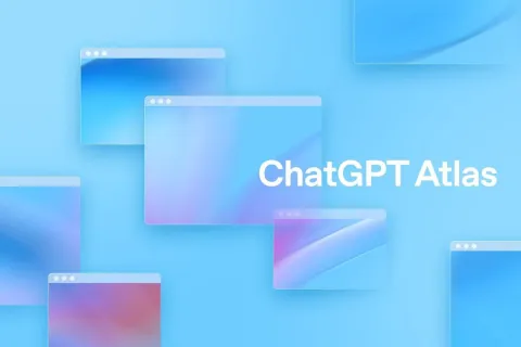 Multiple translucent digital windows with blue and purple gradients surrounding the text ChatGPT Atlas on light blue background