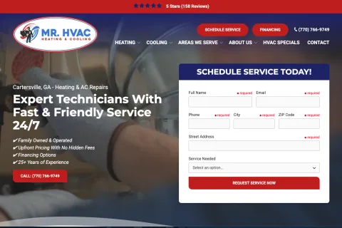 Website homepage for Mr. HVAC with service form, heating and cooling services, and contact information displayed.