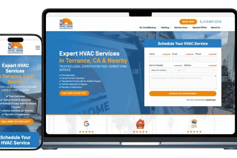 Website homepage for Total Home Environmental showing HVAC services with contact form on laptop and mobile screens