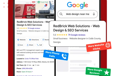 Two smartphones show RedBrick Web Solutions Google listing with SEO service details and positive reviews.