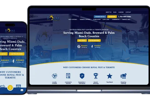 Responsive Royal Pest & Termite website on smartphone and laptop showing pest control services in South Florida.