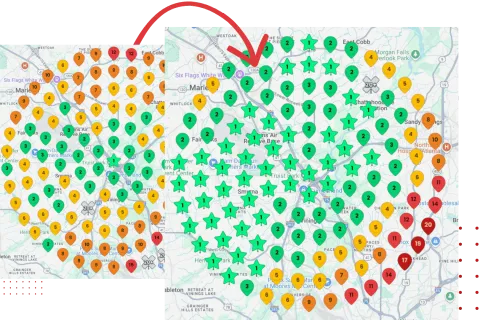 Map showing colored markers and stars indicating location data density and ratings across a geographic area.