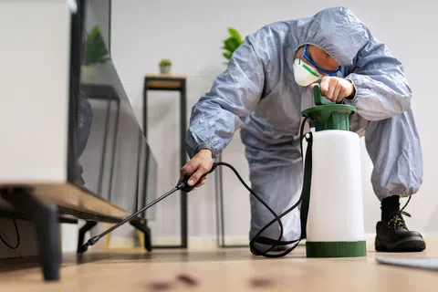 A pest control technician sprays treatment in a living room, wearing protective gear and focused on the task.