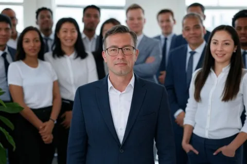 a person in a suit standing in front of a group of people