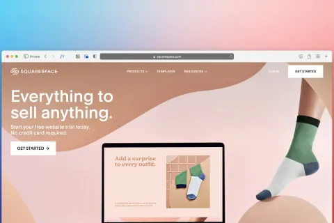 Squarespace website homepage showing a clean design with promotional text and colorful socks image.
