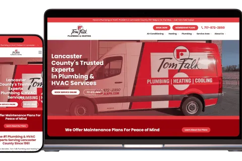 Mobile and laptop screens showing Tom Falk Plumbing and Heating website with service van image and contact details.