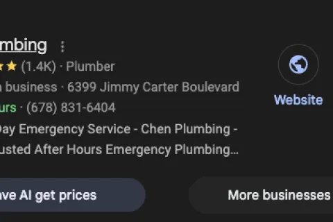 Chen Plumbing listing with 4.9 stars, 25+ years experience, open 24 hours, displaying contact details and emergency services.