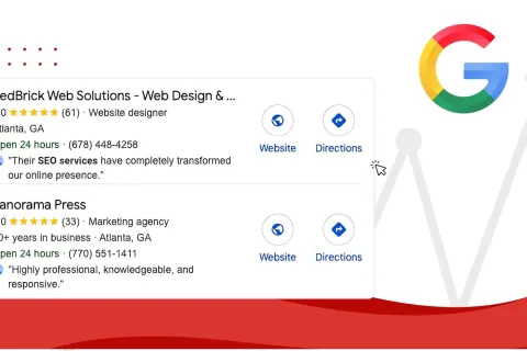 Google business listings of RedBrick Web Solutions and Panorama Press with star ratings and contact details