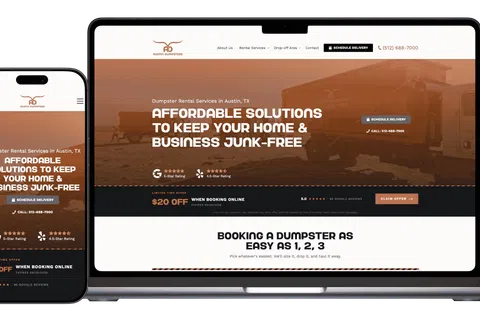 Austin Dumpsters website showing affordable dumpster rental services with schedule delivery option on phone and laptop.