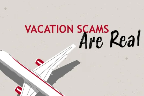Airplane graphic with text warning that vacation scams are real on a light beige background.