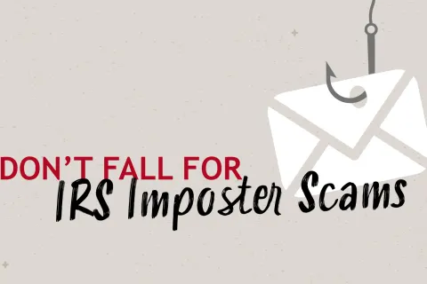 IRS imposter scams warning with a fishing hook and envelope graphic urging caution against fraud.