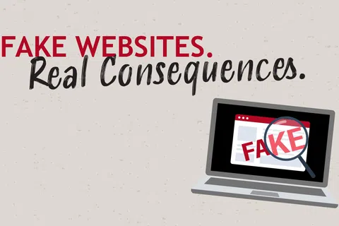 Illustration warning about fake websites showing a laptop screen with fake website and magnifying glass.