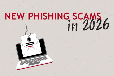 Illustration of new phishing scams in 2026 with a laptop and a hooked phishing email graphic.