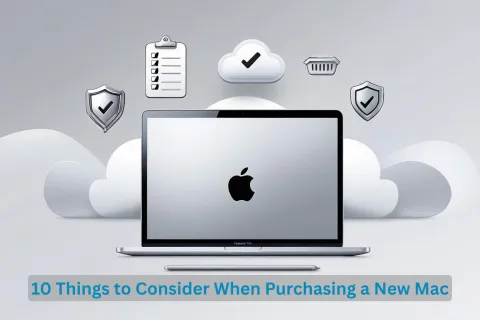 MacBook Pro with security and cloud icons symbolizing safety and checklist for new Mac purchase tips.