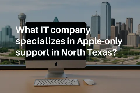 Apple iMac with keyboard and mouse on desk overlooking Dallas skyline, highlighting IT support question text.