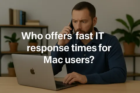 Man with beard using MacBook and phone, text asking about fast IT response times for Mac users.