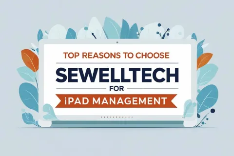 Text graphic highlighting top reasons to choose SewellTech for iPad management with decorative leaves background