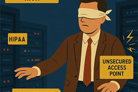 Blindfolded man representing HIPAA risk with warnings of unsecured access and missing safeguards in data servers.
