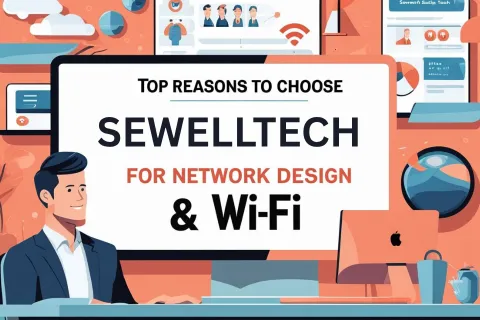 Illustration of a man at a desk with a screen showing reasons to choose SewellTech for network design and Wi-Fi.
