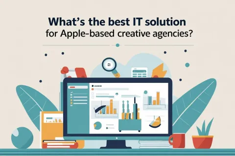 Illustration of a desktop with graphs and charts on screen for IT solutions in Apple-based creative agencies.