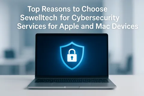 Laptop displaying cybersecurity shield with lock symbol and text promoting Sewelltech for Apple and Mac device security.