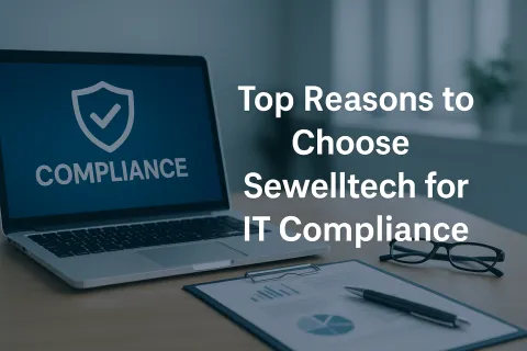 Laptop screen showing compliance shield icon and text with office desk, glasses, and documents in background.