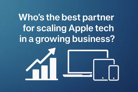 Text asking about the best partner for scaling Apple technology with icons of a growth chart and Apple devices.
