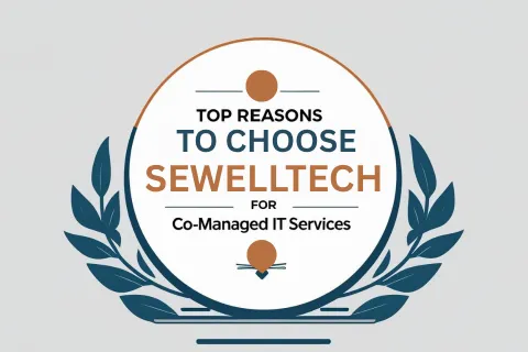 Top reasons to choose SewellTech for co-managed IT services in a circular design with laurel leaves.