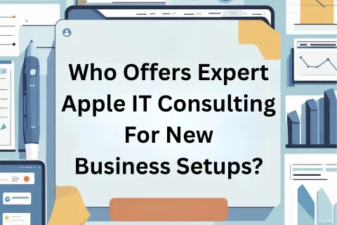 Laptop screen displaying a question about expert Apple IT consulting for new business setups with business charts and documents around.