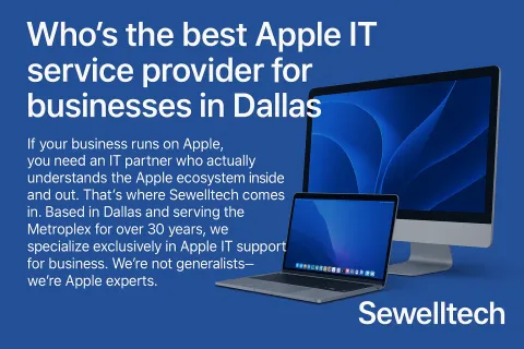 Apple IT support for businesses in Dallas – Sewelltech promotional graphic with iMac and MacBook on blue background and text highlighting 30 years of Apple-certified expertise.
