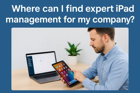 Professional man managing apps on an iPad with a laptop on desk and plant in background in modern office.