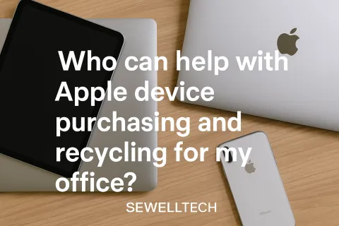 Apple devices including iPad, MacBook, and iPhone on wood table with text about purchasing and recycling help.