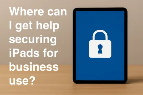 Tablet displaying a security lock icon beside text asking where to get help securing iPads for business use.
