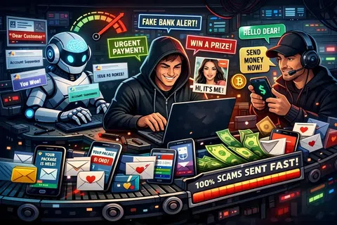 Hackers using laptops and phones with scam messages like fake bank alert, urgent payment, and win a prize shown.