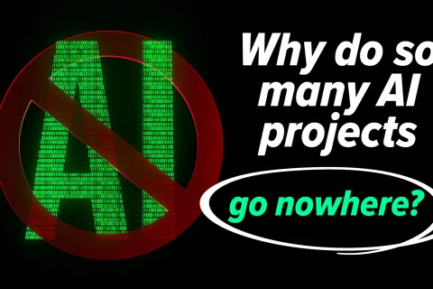 Red prohibition symbol over AI letters with binary code and text asking why many AI projects fail.