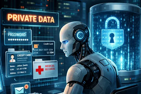 Futuristic robot managing private data including passwords, credit cards, medical records, and emails in a secure environment.