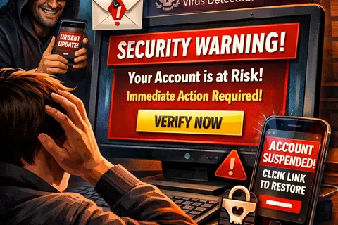 Person stressed by phishing scam warnings on computer and phone with hacker in background