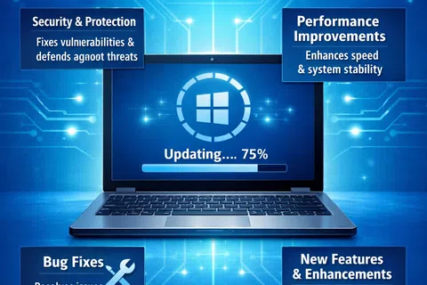 Laptop updating Windows at 75% with benefits including security, performance, bug fixes, new features, and compatibility.
