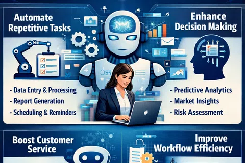 Infographic showing AI benefits in business: automate tasks, enhance decisions, boost service, improve workflow efficiency.
