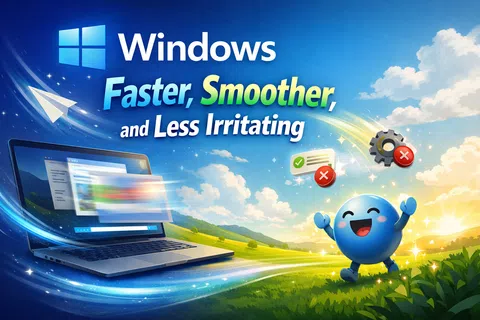 Windows logo with laptop showing fast interface and happy blue mascot in bright outdoor landscape.