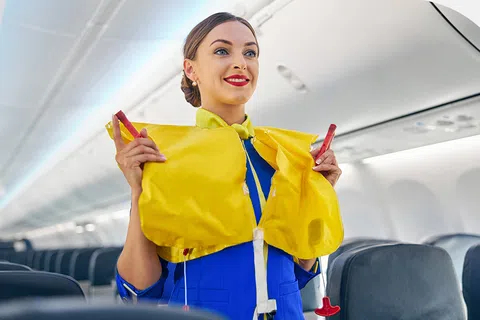 Flight attendant demonstrating how to use a yellow safety life vest inside an airplane cabin.