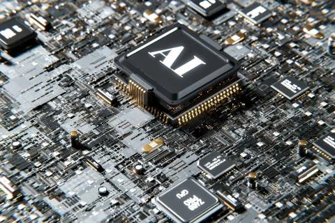 Close-up of a circuit board with a prominent AI chip and various electronic components in black and gold tones.